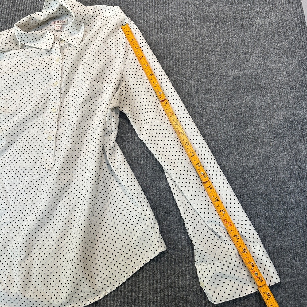 Merona Polka Dot Popover Blouse Medium White Black Long Sleeve Pocket - Picture 7 of 8